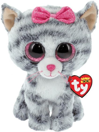 Ty Beanie Boos Kiki kosebamse regular - gråstripete katt med rosa øyne og sløyfe - 15 cm