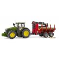 Bruder John Deere 7R 350 traktor och timmervagn med lyftarm och 4 timmerstockar - 03154