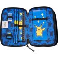 Pokemon dobbelt pennal med innhold - blå med Pikachu