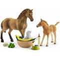 Schleich Sarahs dyrebabypleie - figursett med hester, valp og tilbehør