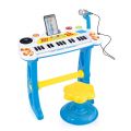 Keyboard med mikrofon og skammel - sjove lyde og tangenter - blå, hvid og gul