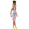Barbie Fashionistas #210 - dukke med brunt hår i bun og kjole med bestemorsruter
