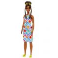 Barbie Fashionistas #210 - dukke med brunt hår i knold og farverig kjole