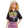 Barbie Fashionistas #155 - blond docka med rockig t-shirt och rosa kjol med mönster