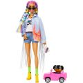 Barbie Extra dukke #5 med 15 tilbehør - med fargerike fletter, denimjakke med lange frynser og hund