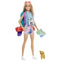 Barbie Camping lekesett - blond dukke med turutstyr, sekk, sovepose og valp