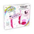 Keyboard med mikrofon og skammel - sjove lyde og tangenter - lyserød og hvid