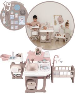 Smoby Baby Nurse stort lekesenter til dukke med spiseområde, stellebord og vugge - med 19 tilbehør 220376