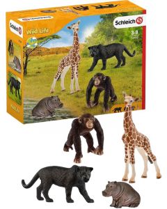 Schleich Wild LIfe figursett startpakke - panter, sjimpanse, giraff og neshorn 72162