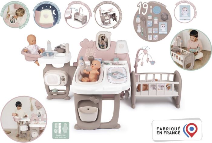 Smoby Baby Nurse stort lekcenter för dockor med matplats, skötbord och vagga - med 19 tillbehör
