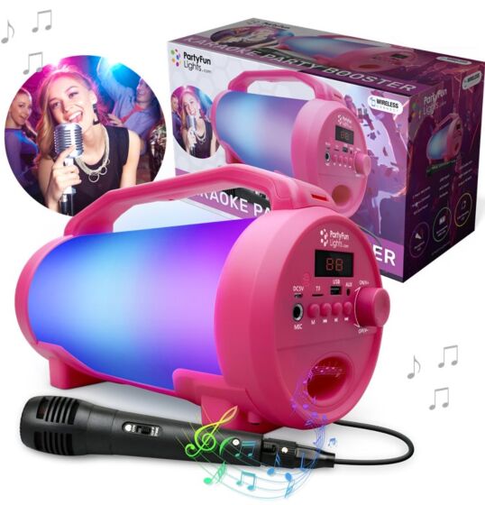 PartyFun Lights karaokehøyttaler med mikrofon og RGB lyseffekter - rosa