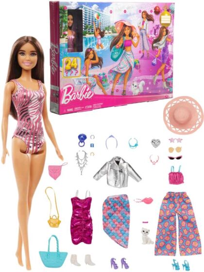 Barbie Day to Night Julekalender - med mørkhåret dukke, tøj og tilbehør