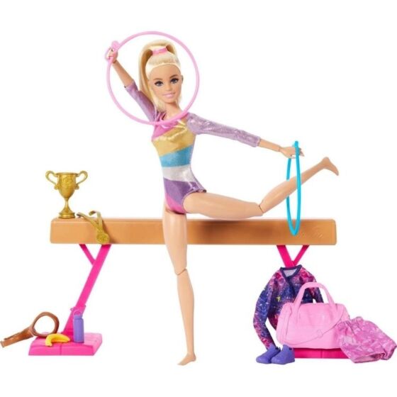 Barbie Gymnastik lekset - med blond docka, kläder och gymnastiktillbehör