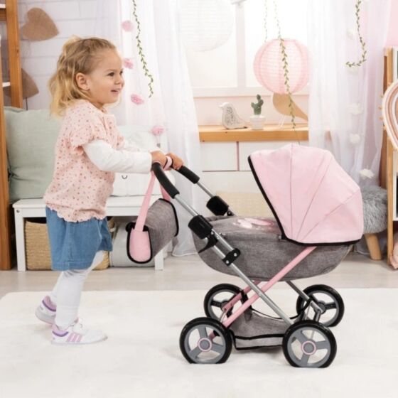 Bayer Design dockvagn med filt och kudde - passar dockor på 46 cm - grå och rosa