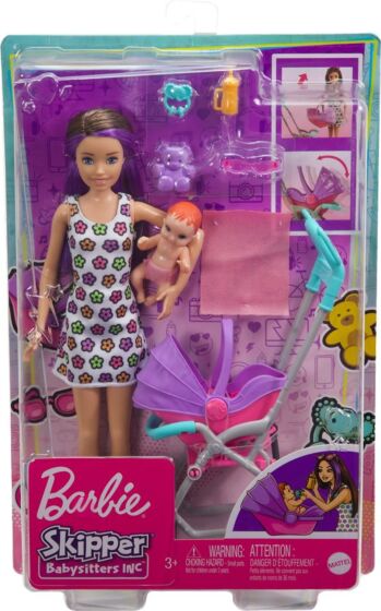 Barbie Skipper barnepige dukke med baby minidukke og vogn