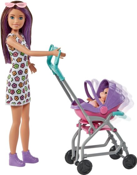 Barbie Skipper barnepige dukke med baby minidukke og vogn