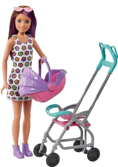 Barbie Skipper barnepige dukke med baby minidukke og vogn