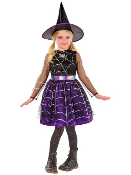 Häxdräkt för barn med spindelnät och hatt - 7-8 år - 122-128 cm