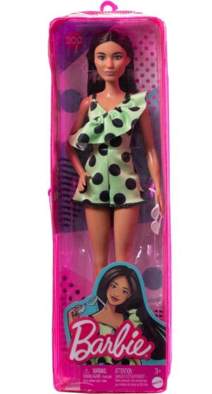 Barbie Fashionistas #200 - docka med långt, brunt hår och prickig jumpsuit