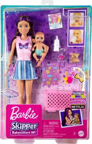 Barbie Skipper barnepige dukke med baby minidukke og babyseng