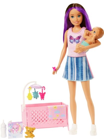 Barbie Skipper barnepige dukke med baby minidukke og babyseng