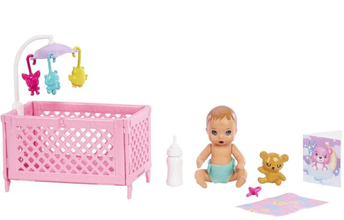 Barbie Skipper barnepige dukke med baby minidukke og babyseng