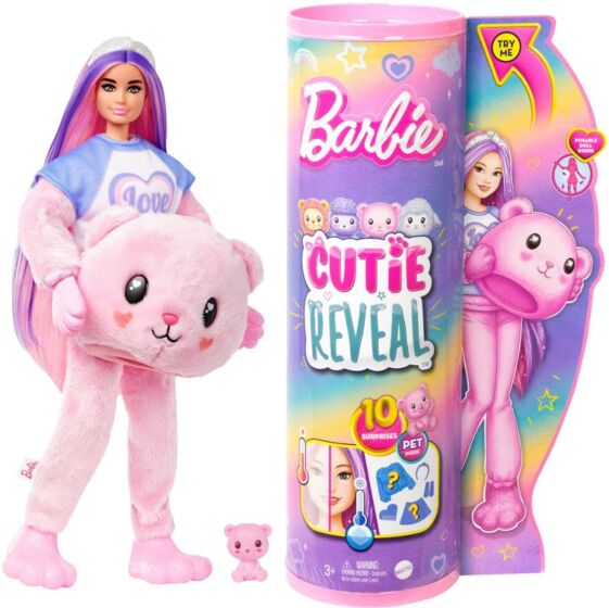 Barbie Cutie Reveal Teddy dukke med lyserødt kostume og kæledyr - 10 overraskelser