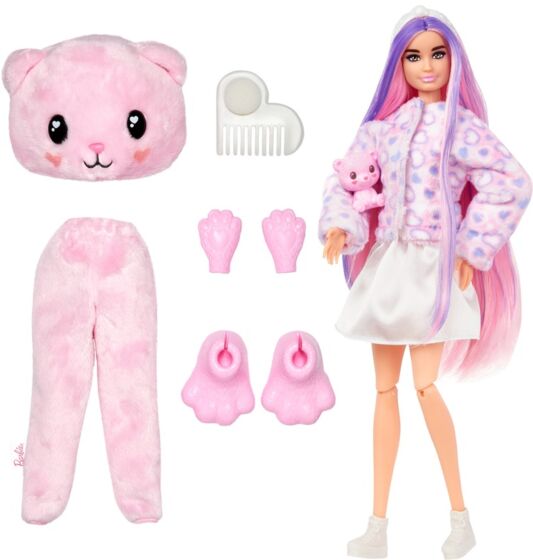 Barbie Cutie Reveal Teddy dukke med lyserødt kostume og kæledyr - 10 overraskelser