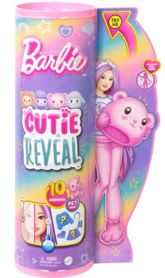 Barbie Cutie Reveal docka med rosa nalledräkt och husdjur - 10 överraskningar