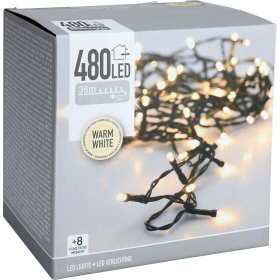 LED-ljusslinga – 480 LED i varmvitt, 8 ljusfunktioner, 36 meter