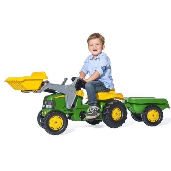 Rolly Toys rollyKid: John Deere traktor med pedaler, frontlæsser og anhænger - fra 2-5 år