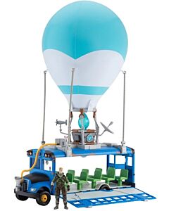 Fortnite Battle Bus lekesett med oppblåsbar ballong og figur, stort blått kjøretøy med detaljer fra spillet