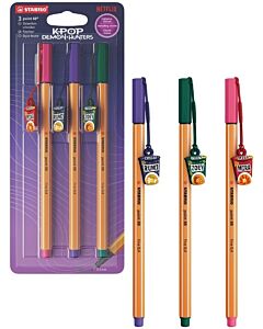 STABILO point 88 KPop Demon Hunters med blisterförpackning och tre fineliners med lila, gröna och rosa korkar samt nudelkoppberlocker