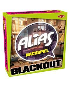 Blackout Alias selskapsspill fra Tactic i limegrønn eske med Alias-logo, teksten «Nachspiel Blackout» og motiv av en rotete stue.