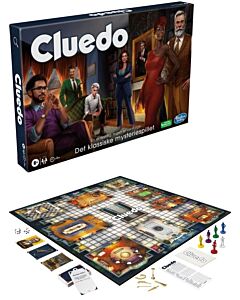 Cluedo Classic, norsk utgave, med mørkeblå eske, spillebrett, seks figurbrikker, våpenbrikker, kort, terninger og detektivblokk