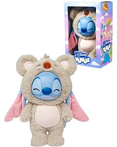 Disney YUYUS Stitch i grå koaladräkt med blått vinylansikte och långa rosa och blå öron, visad tillsammans med presentförpackningen med fönster