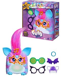 Furby Vibes Blue Razz med eske, gullfargede stjernebriller, grønne og mørkelilla briller, kam og hårtilbehør
