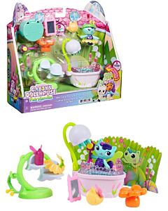 Gabbys Dukkehus Fairylandia MerCats baderom med figurer, badekar, dusj og tilbehør, vist sammen med emballasjen