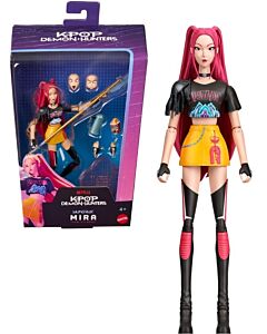 KPop Demon Hunters Mira «How It’s Done» actionfigur med langt rosa hår, svart overdel og gult skjørt, vist sammen med emballasjen