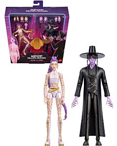 KPop Demon Hunters Rumi og Jinu «Final Battle» actionfigurer med Rumi i lyst antrekk og Demon Jinu i svart, vist sammen med emballasjen