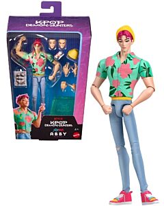 KPop Demon Hunters Abby «Soda Pop» actionfigur med gul lue, grønn blomsterskjorte og blå bukser, vist sammen med emballasjen