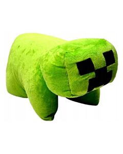 Minecraft Creeper 2-i-1-kudde i grönt, liggande i gosedjursform med fyra ben och ett svart pixelerat ansikte.