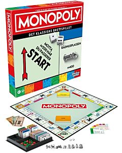Monopoly Classic, norsk utgave, med rød eske, spillebrett, kort, spillepenger, metallbrikker og oppbevaringsskuff med hus og hoteller