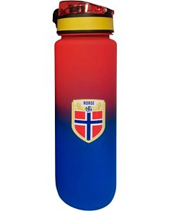 Rød og blå NFF-drikkeflaske på 1 liter med Norges landslagsemblem