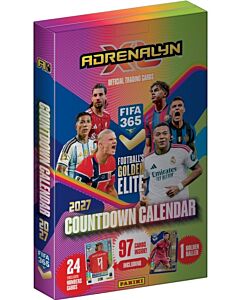 Panini FIFA 365 Adrenalyn XL 2027 julekalender i fargerik emballasje med fotballspillere, 97 kort, 24 eksklusive Numbers-kort og ett Golden Baller-kort
