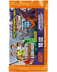 Oransje Panini FIFA 365 Adrenalyn XL 2027 Nightmare XI Booster med fotballspillere, mørkt tremotiv og ti samlekort