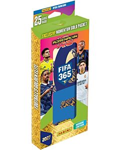 Panini FIFA 365 Adrenalyn XL 2027 Nordic Edition Pencil Tin i grønn, blå og gullfarget emballasje med fotballspillere og informasjon om 25 kort