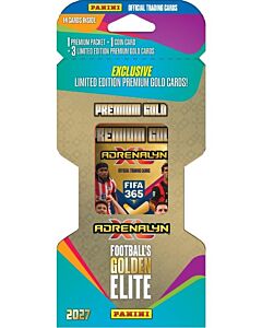 Panini FIFA 365 Adrenalyn XL 2027 Premium Gold Pack i turkis og gullfarget emballasje med 14 kort