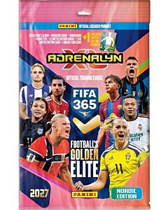 Panini FIFA 365 Adrenalyn XL 2027 Nordic Edition Starter Pack i rosa og oransje emballasje med fotballspillere
