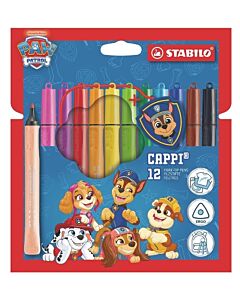 STABILO Cappi PAW Patrol 12 tuschpennor i blått och rött kartongetui med samlingsring för korkarna och Chase-berlock